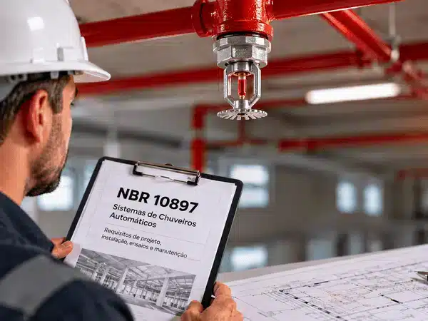 Inspetor técnico verificando sistema de sprinklers para proteção contra incêndio conforme a NBR 10897.