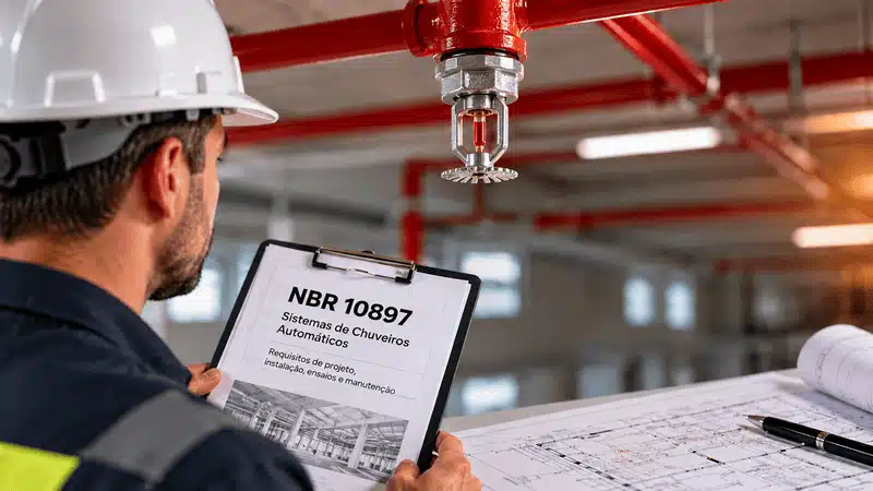 Inspetor técnico verificando sistema de sprinklers para proteção contra incêndio conforme a NBR 10897.